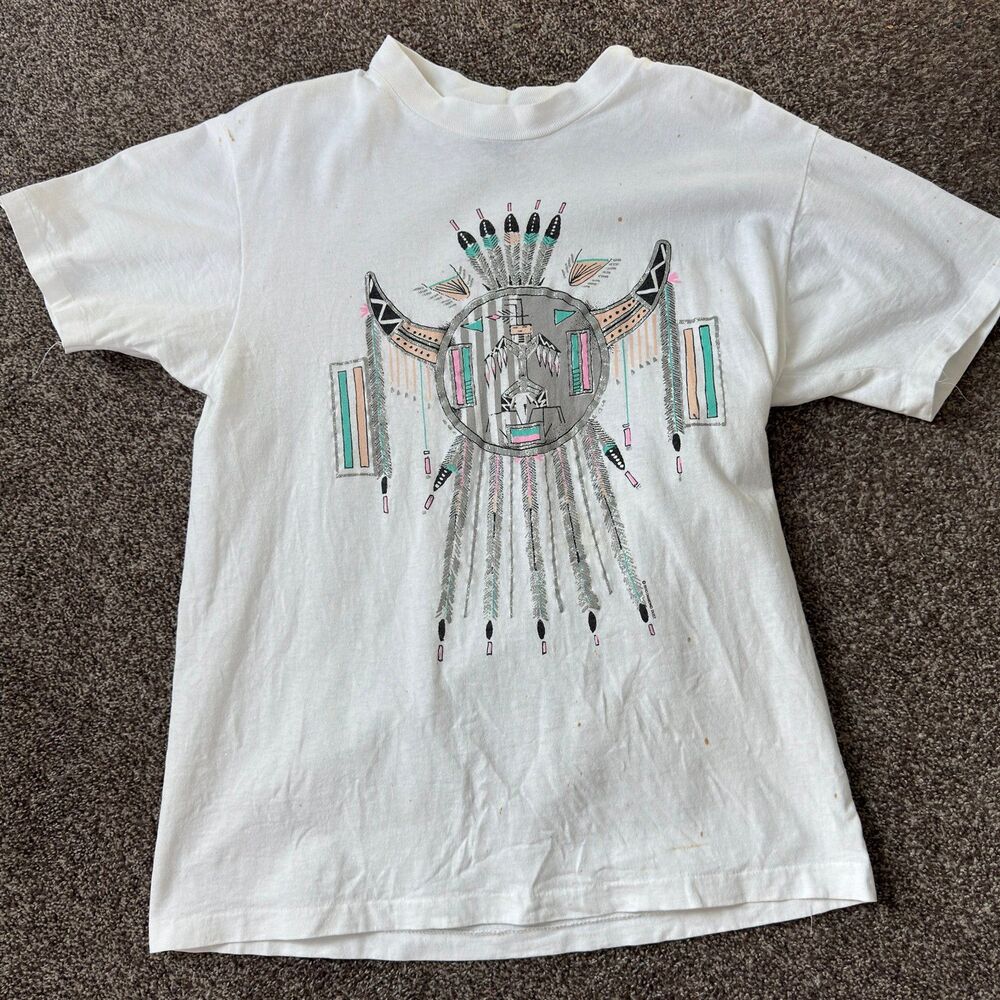 Vintage 90s Diamond Dust Southwestern Buffalo Skull T Shirt Single Stitch White
